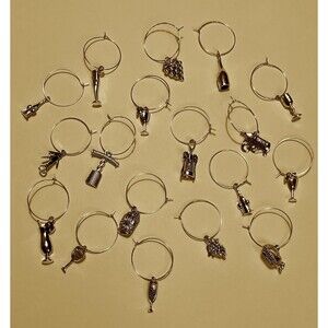 Silver Wine Themed Pendant Stemware Drink Charms Markers Set of 6 Assorted